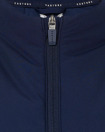 Rear view showing bold Honda and HRC logos across the upper back of the navy sleeveless gilet