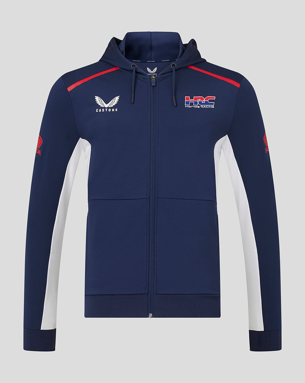 Front view of unisex Honda HRC zip up hoodie in Black Iris with full front zip and multiple branding logos