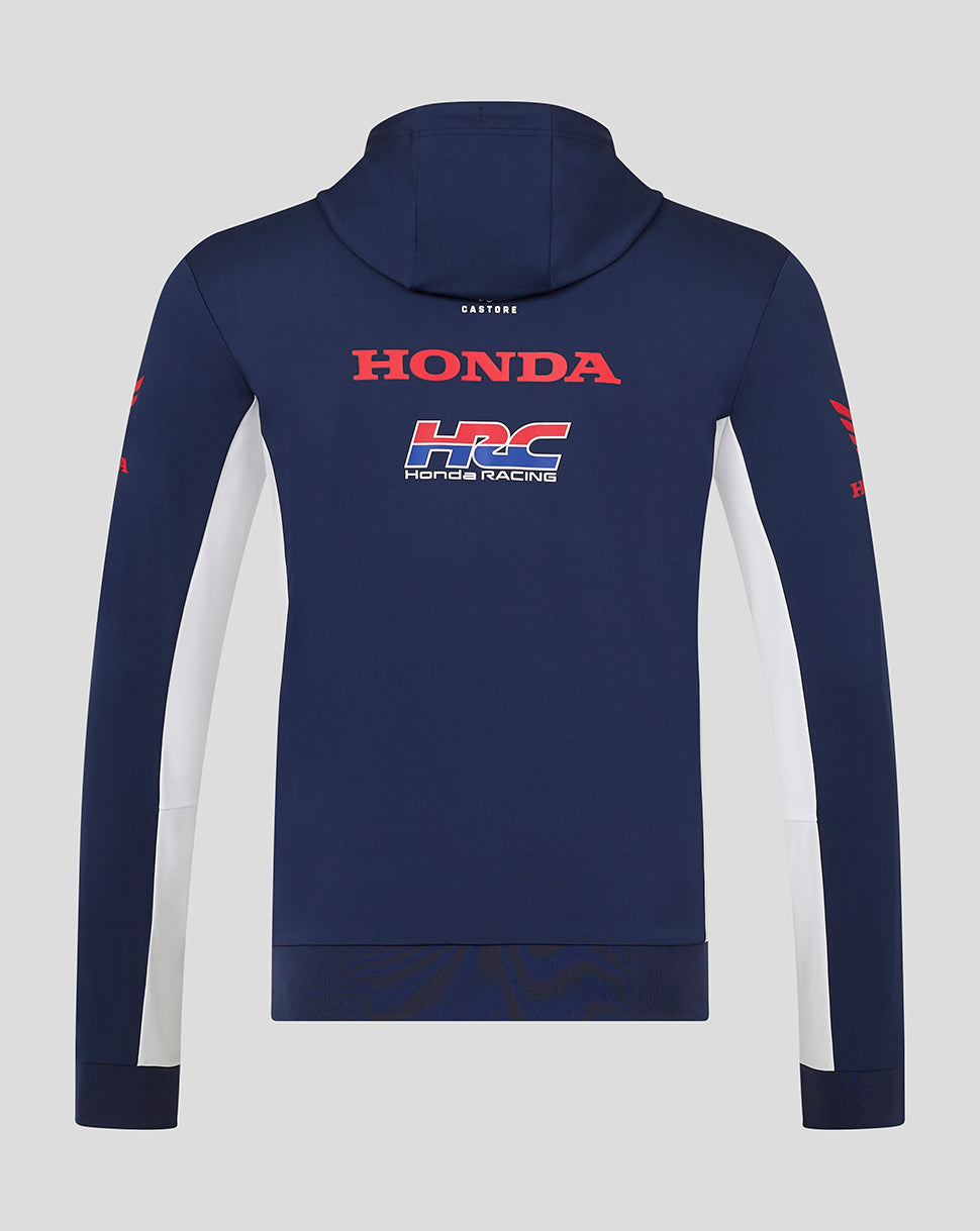 Back view of unisex Honda HRC zip up hoodie in Black Iris featuring large branding across the upper back