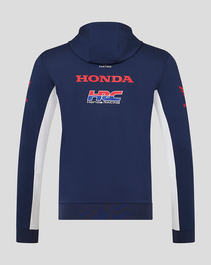 Back view of unisex Honda HRC zip up hoodie in Black Iris featuring large branding across the upper back