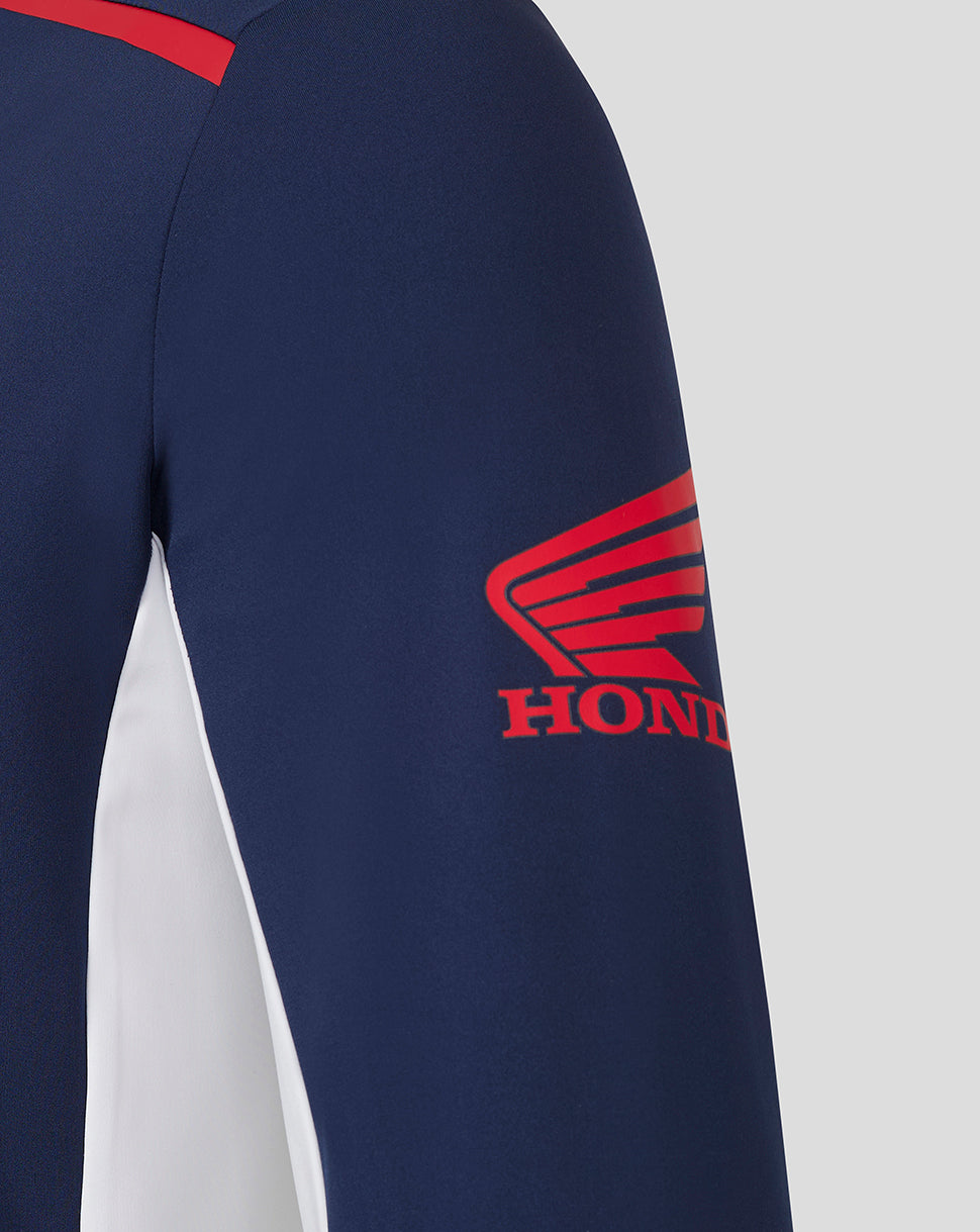 Navy hoodie sleeve with red Honda branding and wing logo on the upper arm