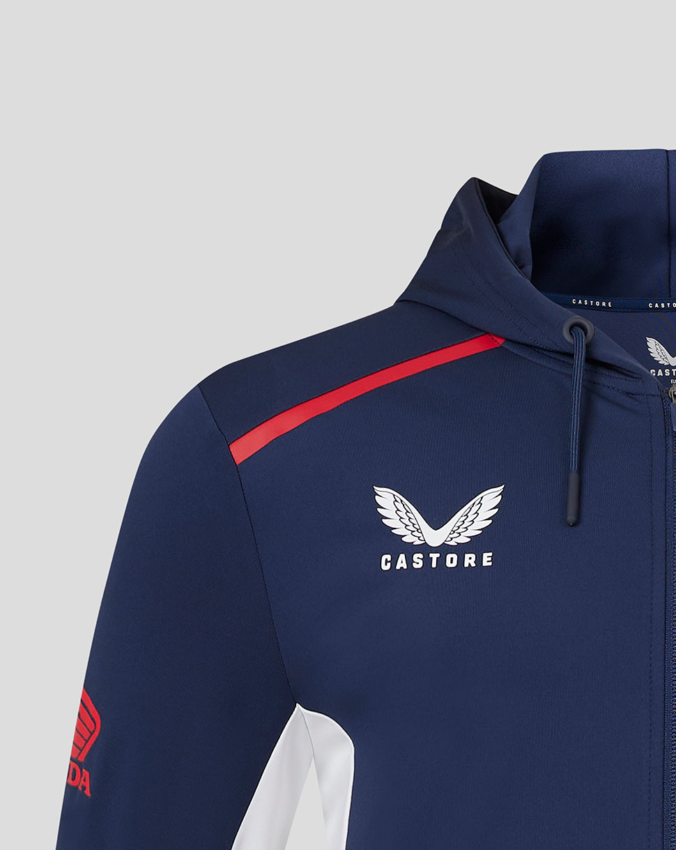 Navy Honda hoodie chest and shoulder detail with Castore logo red stripe and white side panel