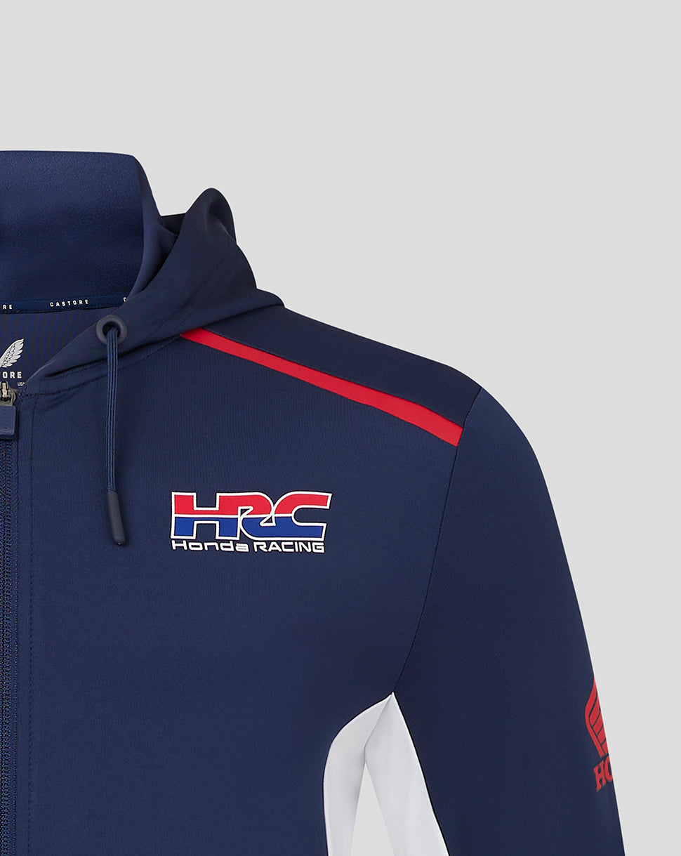 Navy Honda Racing zip up hoodie with hood drawcords, red shoulder stripe and HRC logo on the chest