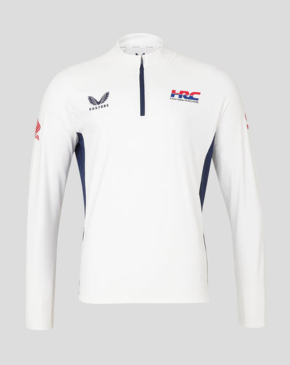 White Honda Racing quarter zip top with navy zip and side panels featuring Castore and HRC branding