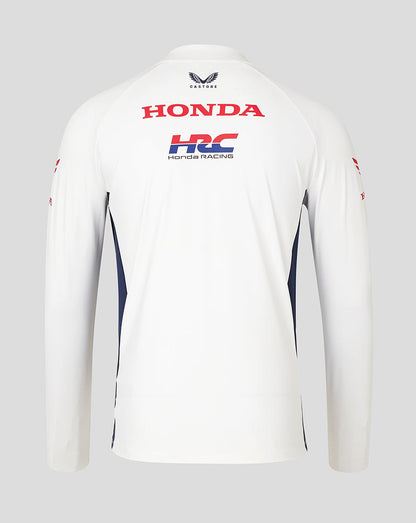 Back view of white Honda HRC top showing large red Honda and blue HRC logos and navy side panels.