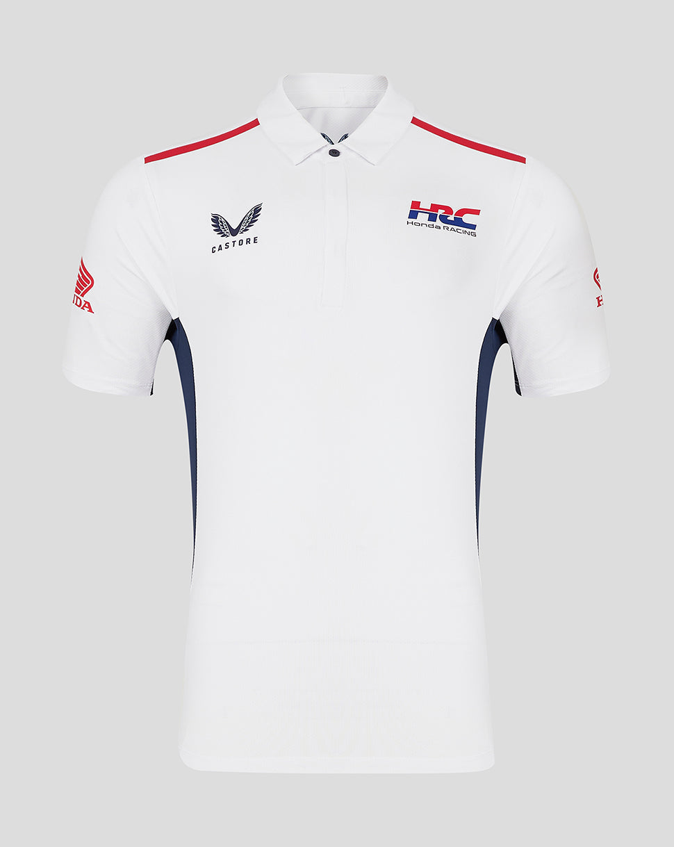 White Honda Racing polo with Castore branding on the chest and the HRC Honda Racing badge on the left chest.