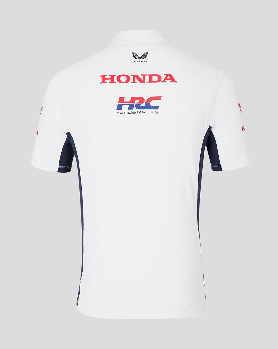Back view of white Honda Racing polo showing Honda and HRC logos and navy side panels.