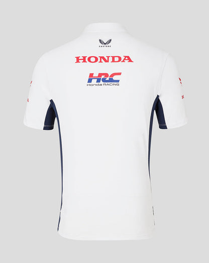 Back view of white Honda Racing polo showing Honda and HRC logos and navy side panels.