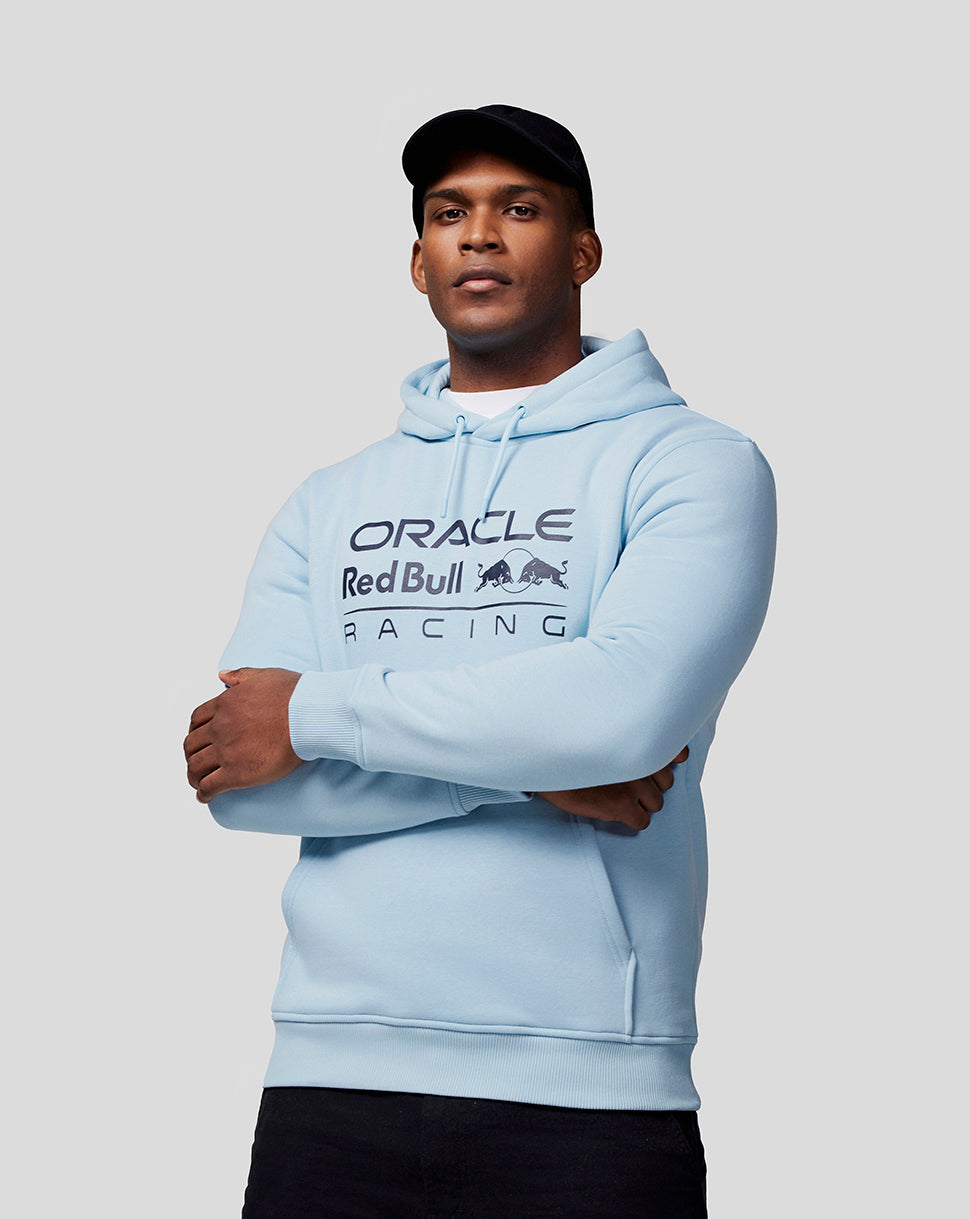 Front view of a Dream Blue Oracle Red Bull Racing unisex core overhead hoodie with chest logo and kangaroo pocket