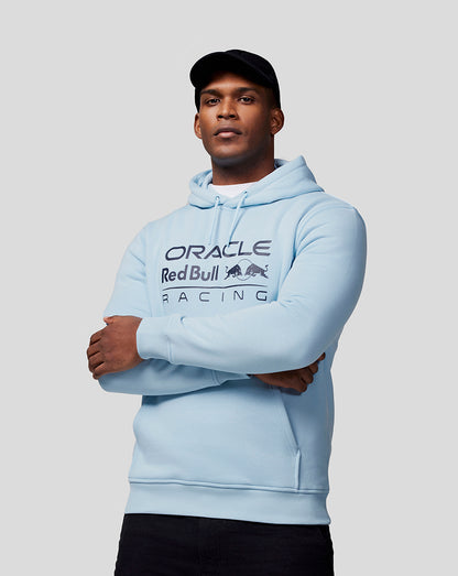 Front view of a Dream Blue Oracle Red Bull Racing unisex core overhead hoodie with chest logo and kangaroo pocket