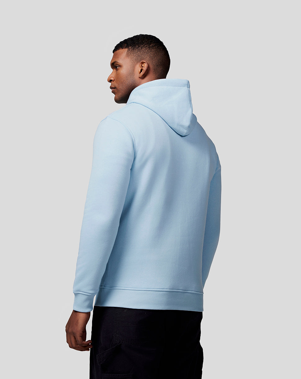Back view of a light blue Oracle Red Bull Racing hoodie with hood and ribbed hem