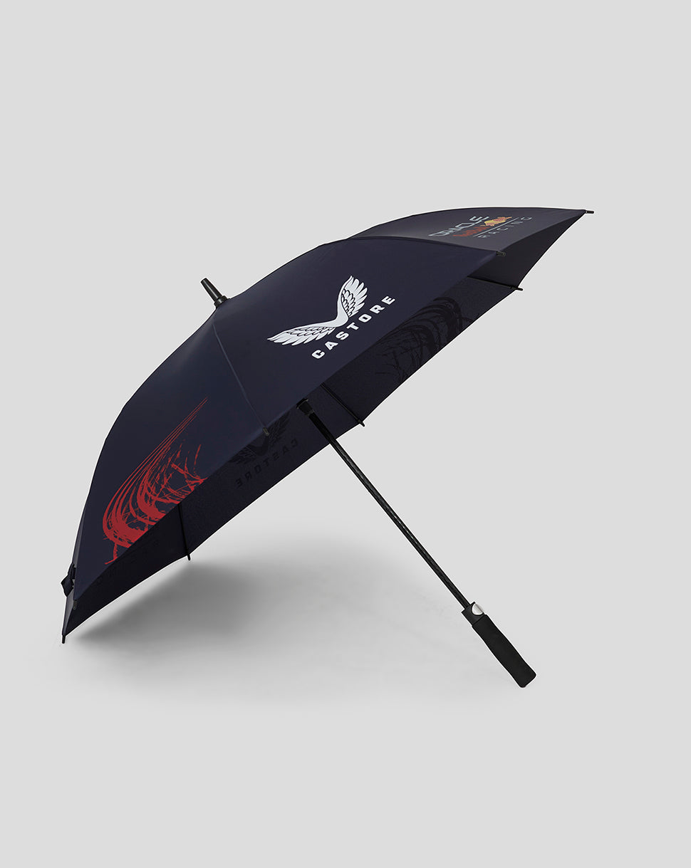 Oracle Red Bull Racing golf umbrella navy with white branding and winged logo opened at an angle