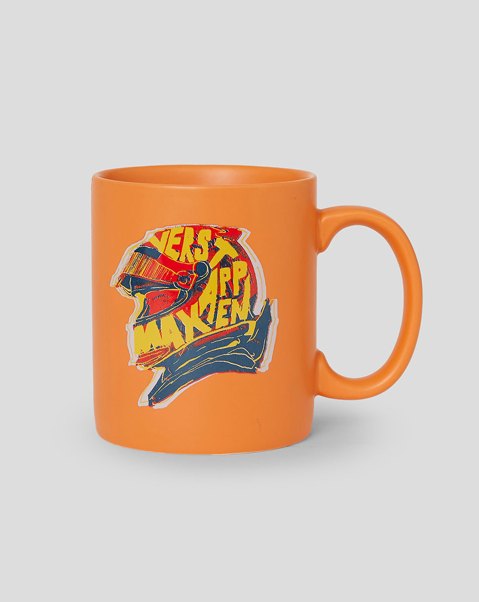 Orange ceramic mug with Verstappen helmet graphic and Red Bull branding