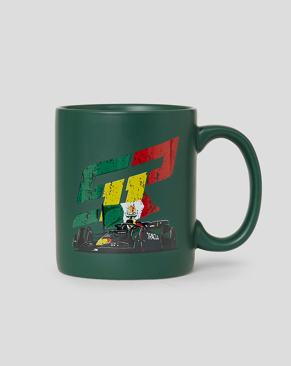 Deep green ceramic mug angled to show a colorful F1 logo and Red Bull Racing car graphic