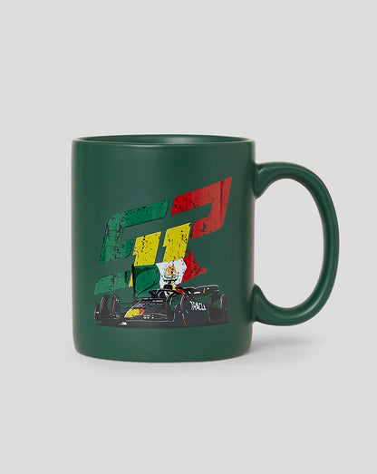Deep green ceramic mug angled to show a colorful F1 logo and Red Bull Racing car graphic