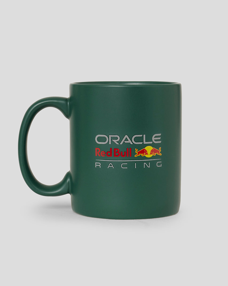 Green mug with Oracle Red Bull Racing branding and a racing car illustration on the side