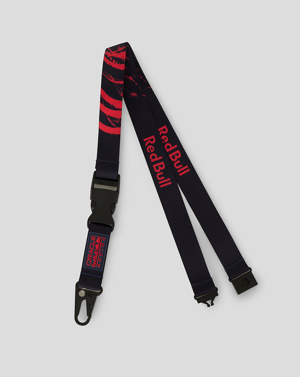 Navy Red Bull Racing lanyard with red branding and metal clip for an ID badge.