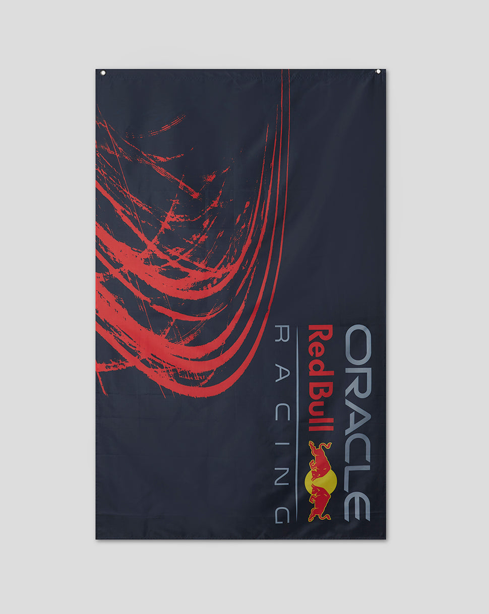 Navy Red Bull Racing flag with bold red graphics and metal eyelets for hanging.