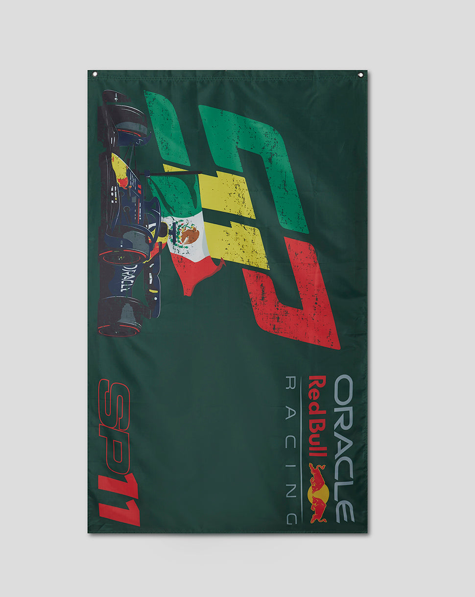 Unisex Red Bull Racing flag in Mountain View colors featuring a race car graphic and metal eyelets for hanging.