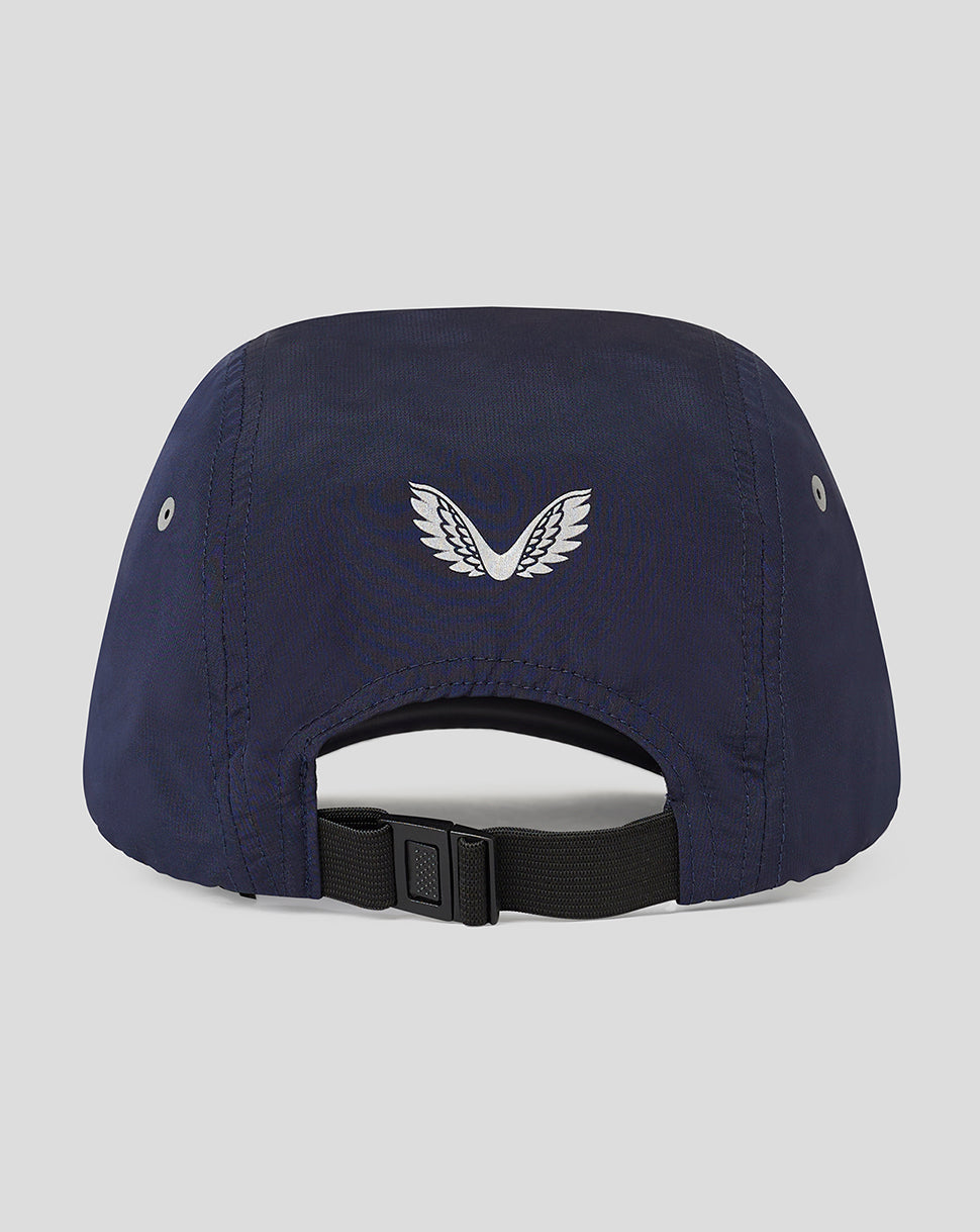 Rear view of navy Oracle Red Bull Racing cap with white wing logo and adjustable strap.
