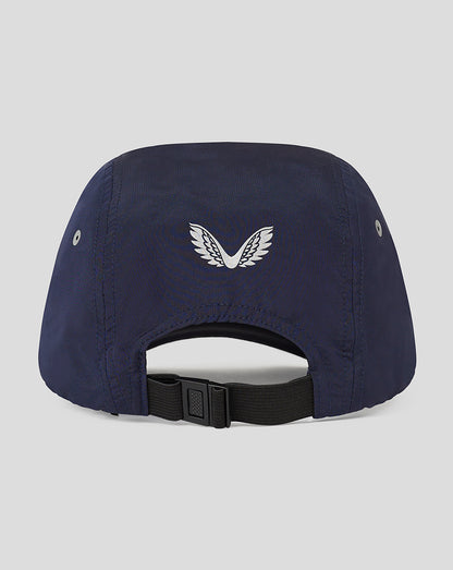 Rear view of navy Oracle Red Bull Racing cap with white wing logo and adjustable strap.