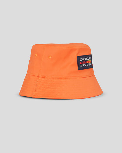 Bright orange unisex bucket hat with Oracle Red Bull Racing logo patch on the front and vent eyelets