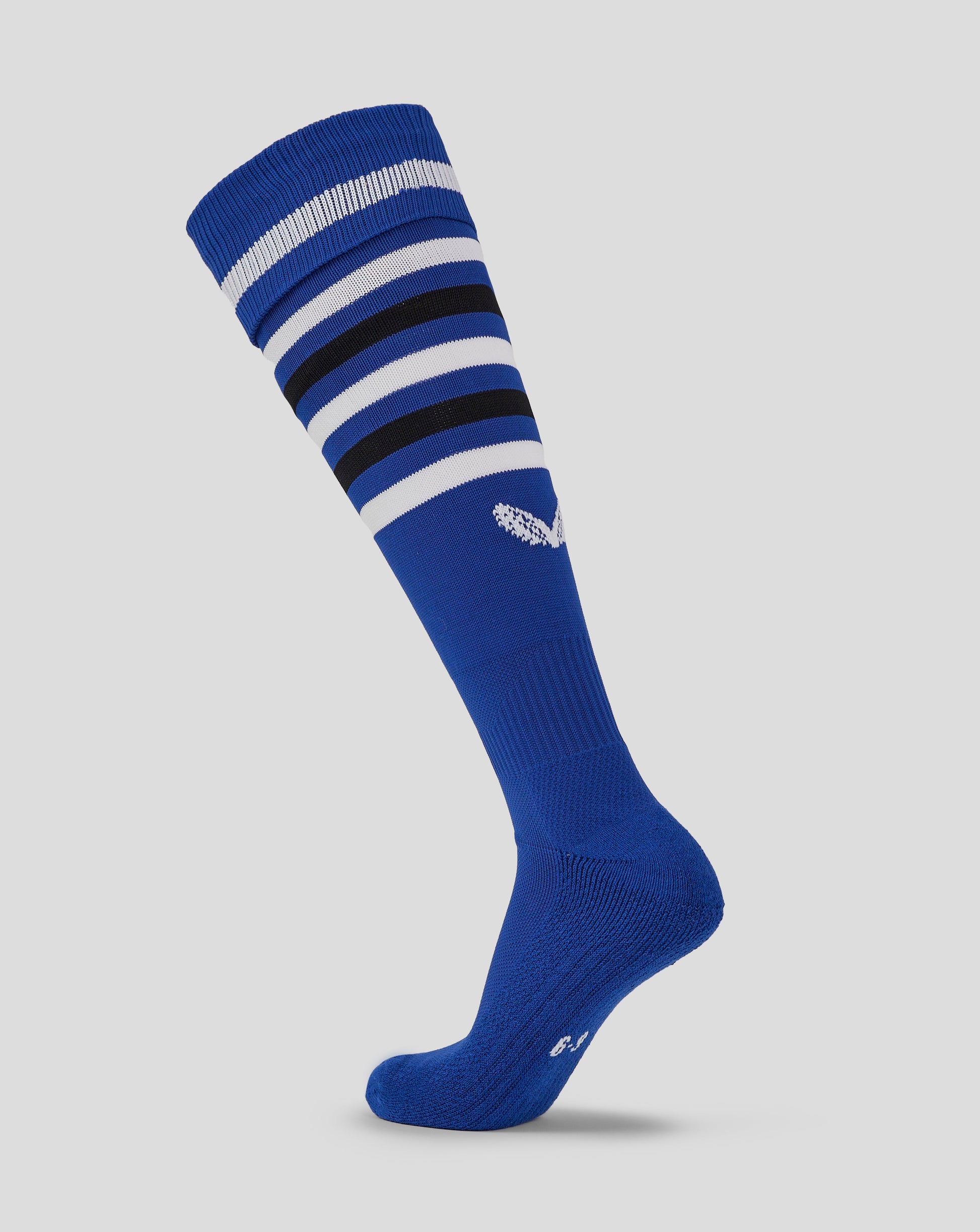 Bath Rugby unisex home sock with blue white and black stripes worn on a leg