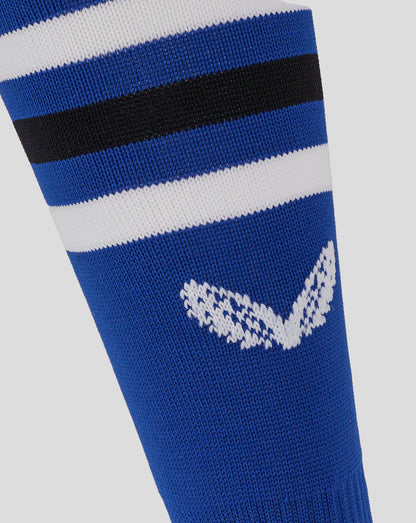 Bath Rugby Home Sock with blue white and black hoops and knitted texture