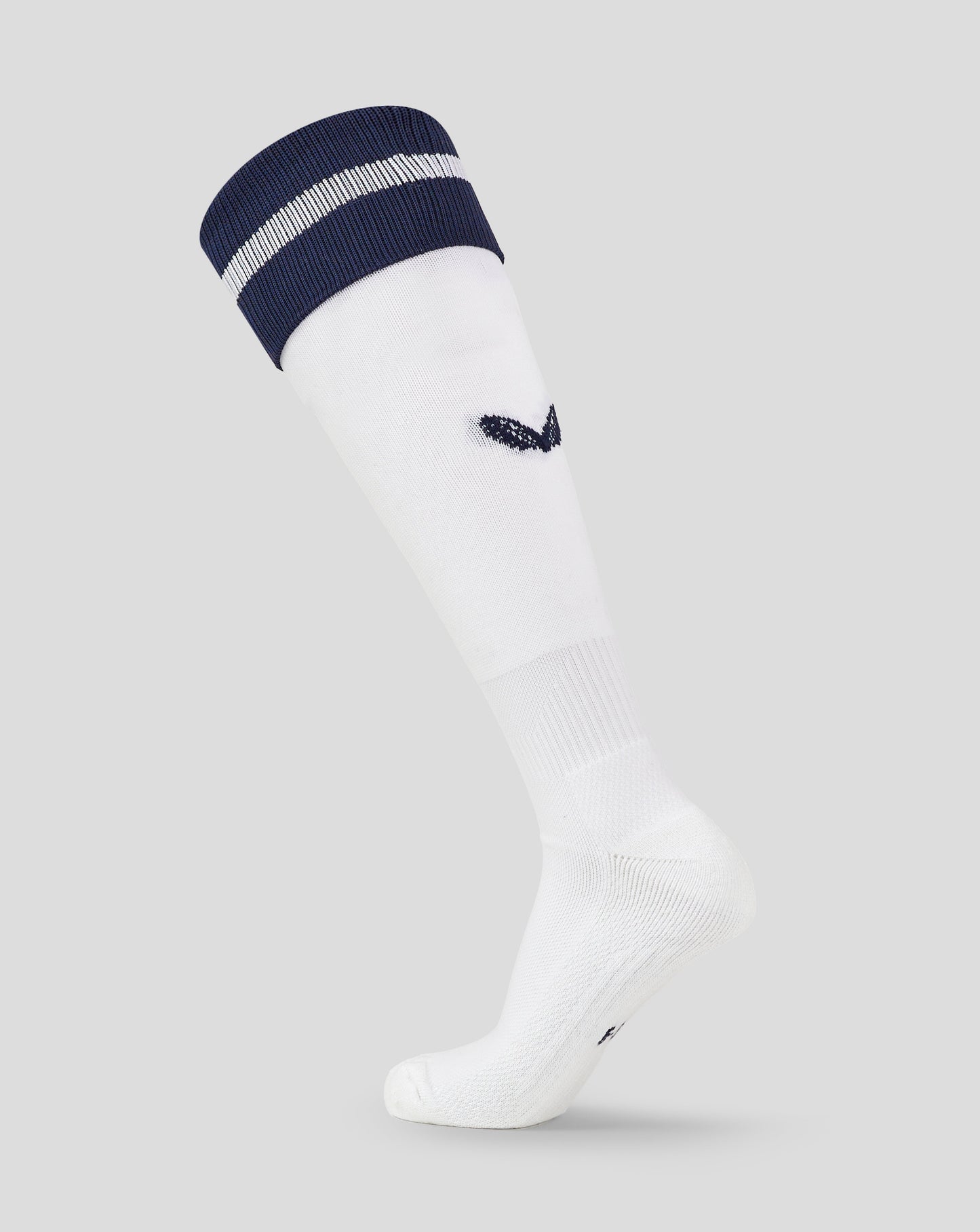 White Bath Rugby Away Sock with navy folded cuff and a white stripe and Castore branding at the calf