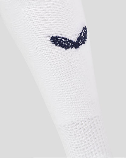 White Bath Rugby Away Sock close up showing navy Castore wing logo on the calf area
