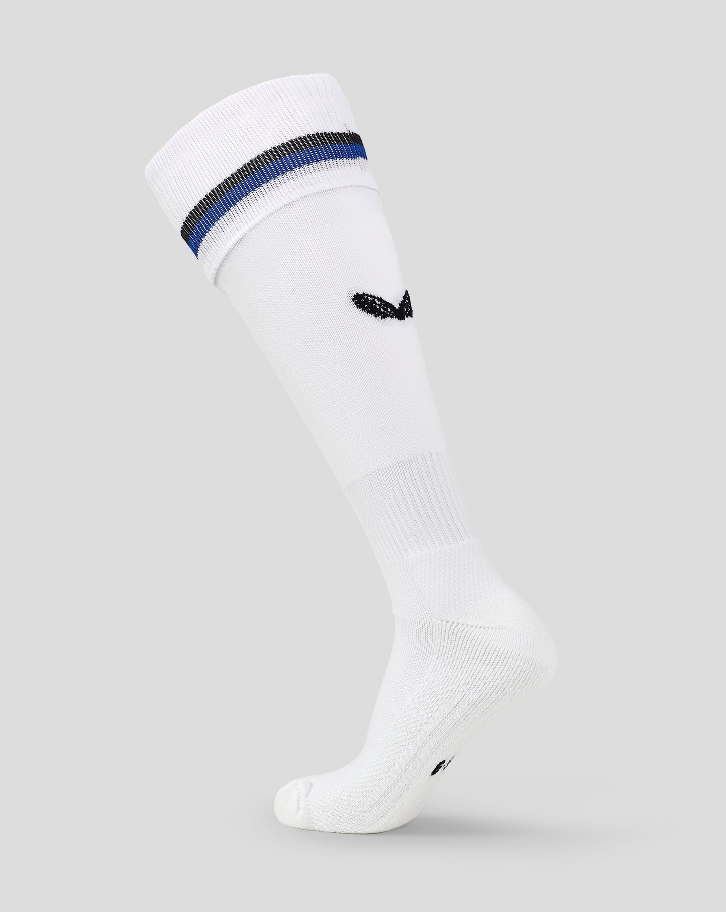 White Bath Rugby Euro Socks featuring a blue and black hooped cuff with Castore wings on the calf