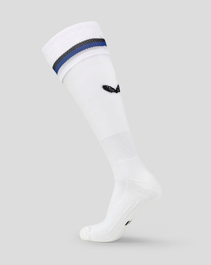 White Bath Rugby Euro Socks featuring a blue and black hooped cuff with Castore wings on the calf
