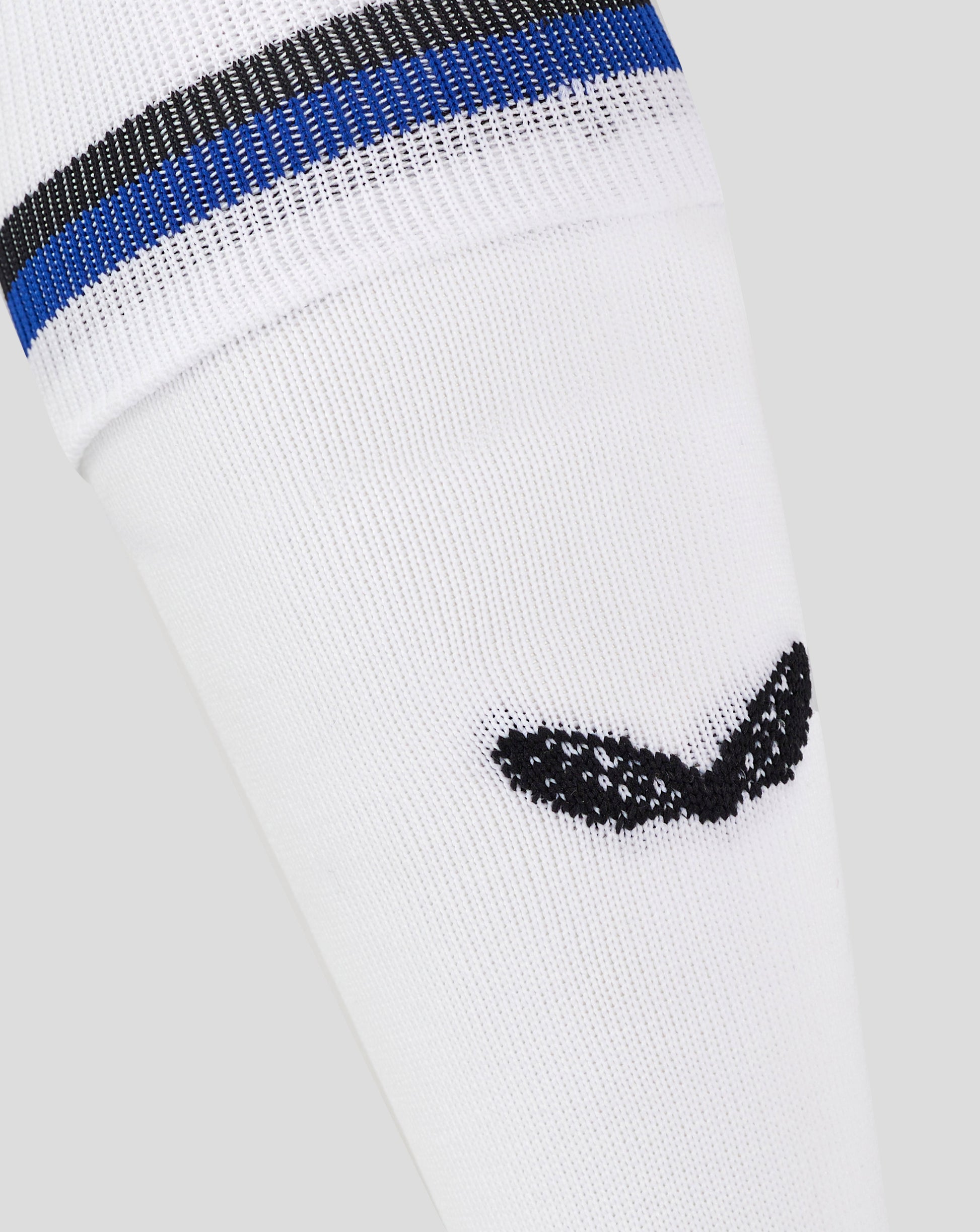 Close up of white Bath Rugby Euro Sock cuff with blue and black hoop detailing