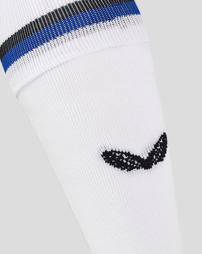 Close up of white Bath Rugby Euro Sock cuff with blue and black hoop detailing