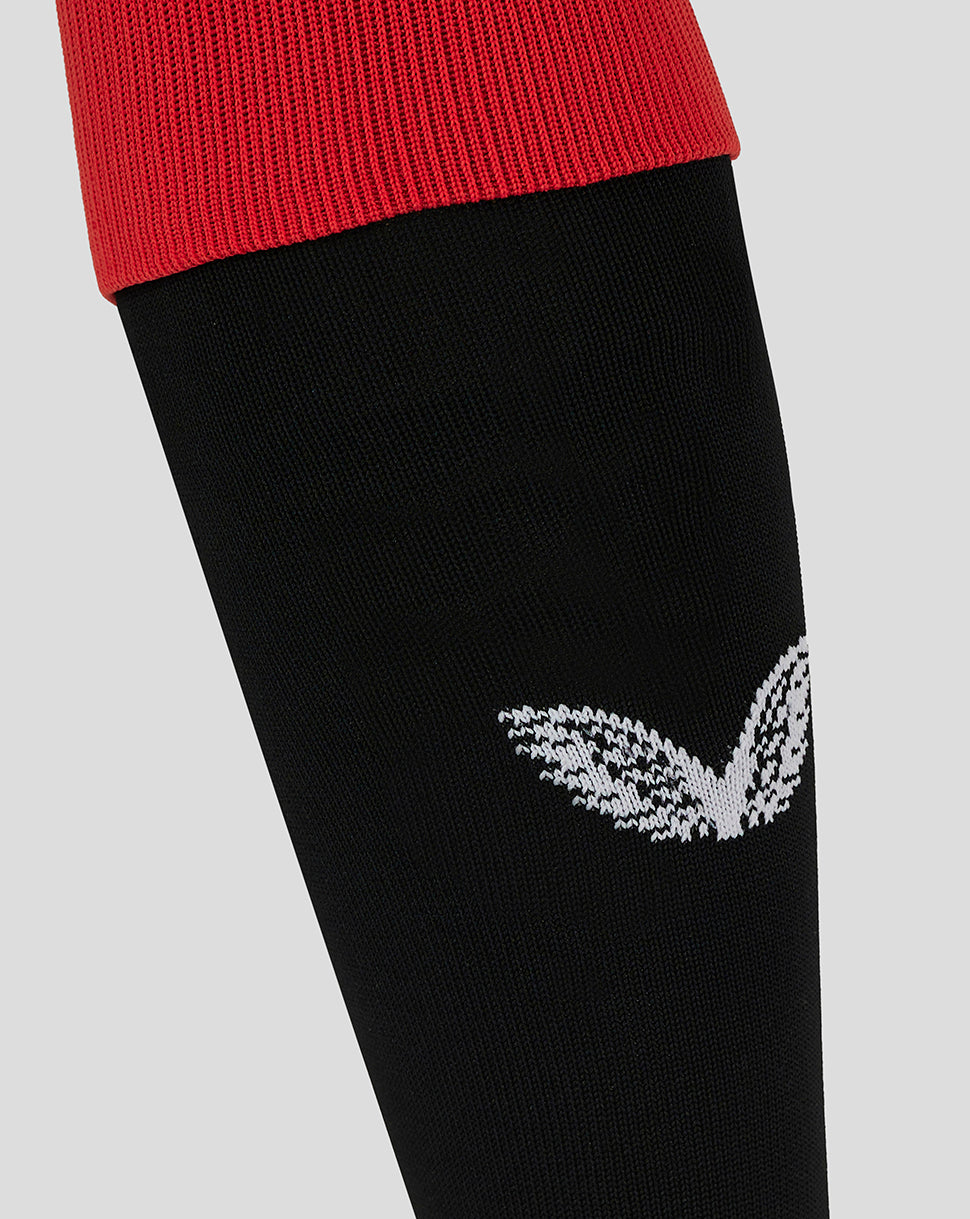 Rangers junior home sock in black with red cuff and white crest at shin