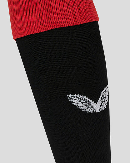 Rangers junior home sock in black with red cuff and white crest at shin