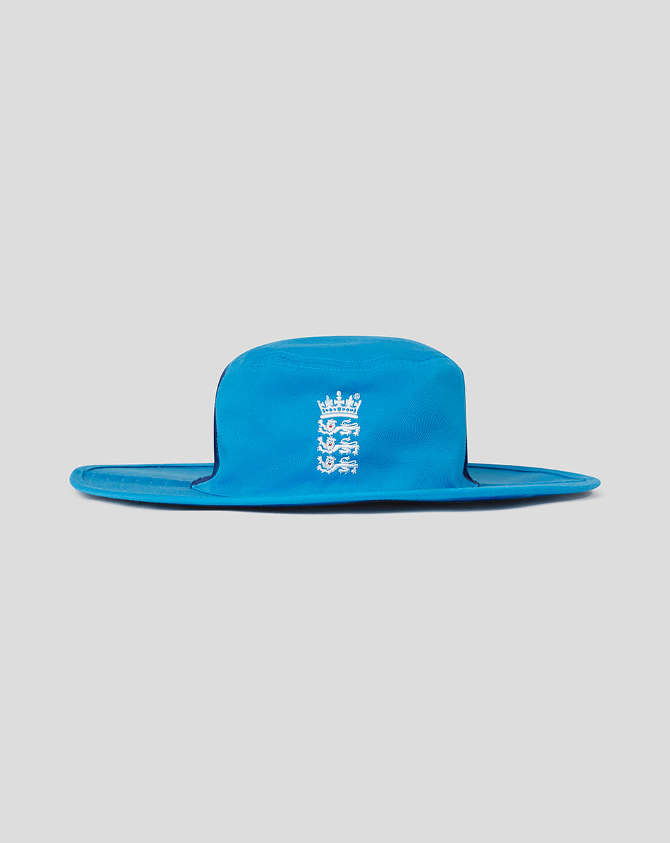 Reversible bright blue England cricket wide brim hat with crest on one side and Castore branding on the reverse