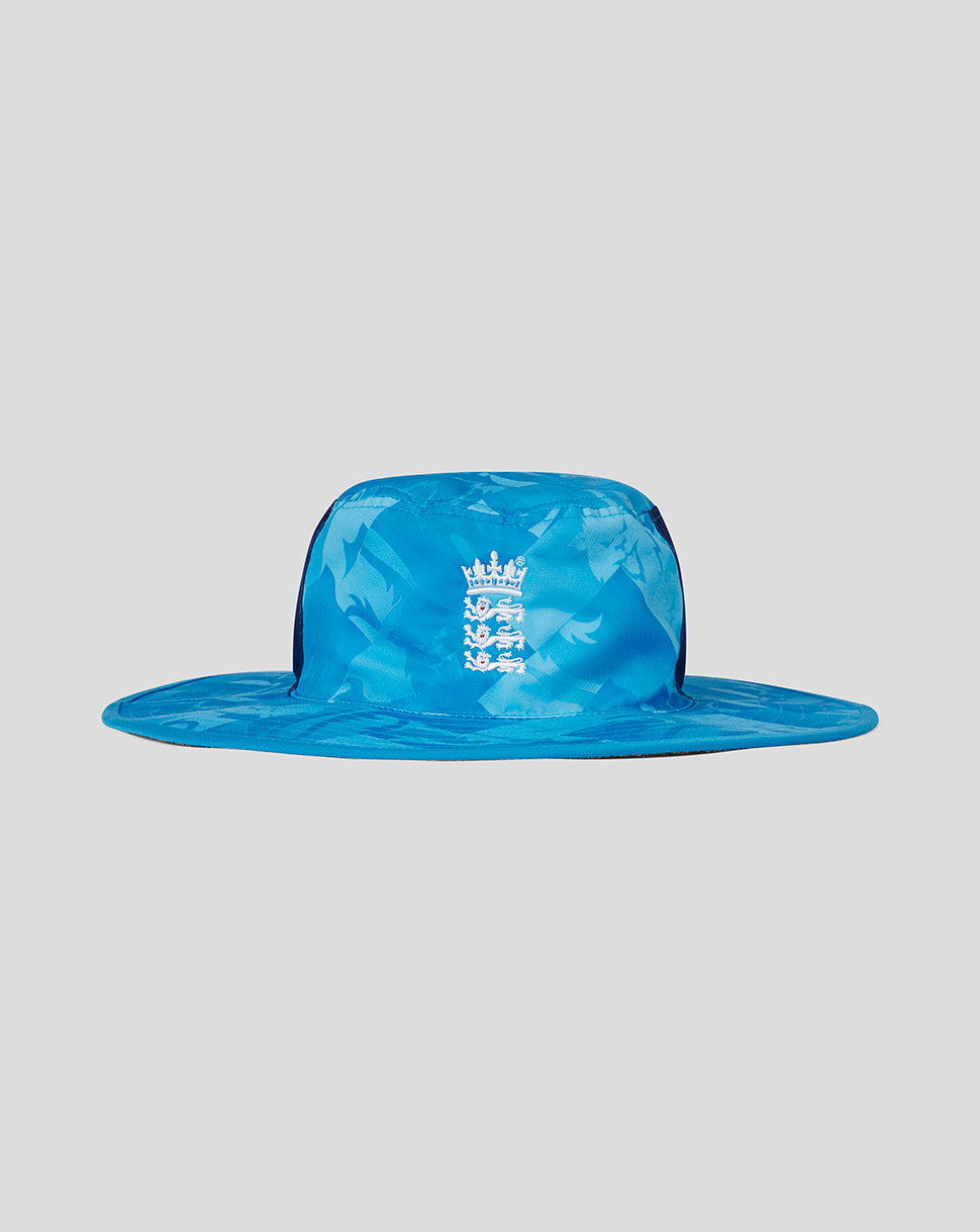 Unisex wide brim hat in vibrant blue with England crest on front and reversible contrast panel on reverse.