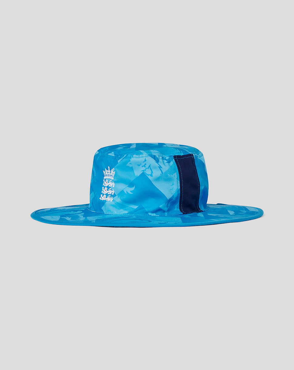 Bright blue reversible wide brim England cricket hat with white crest on the front and a dark side panel