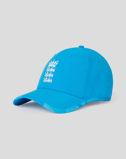 Blue England ODI cap shown from a rear-side angle with an adjustable buckle and stitched crown