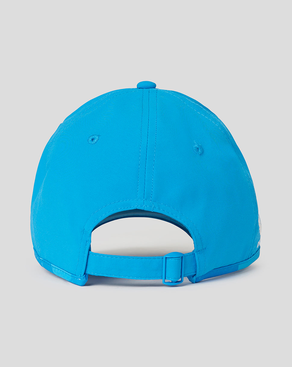 Rear view of blue England ODI cap featuring an adjustable strap and side crest embroidery