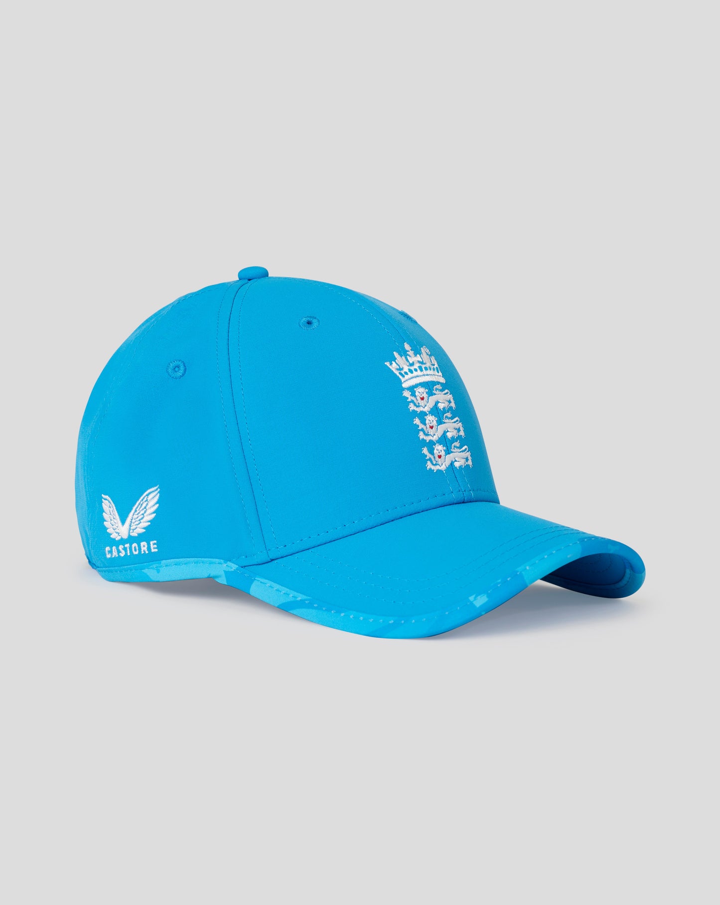 Bright blue England ODI cap with front crest, printed piping, adjustable buckle and Castore branding on the side