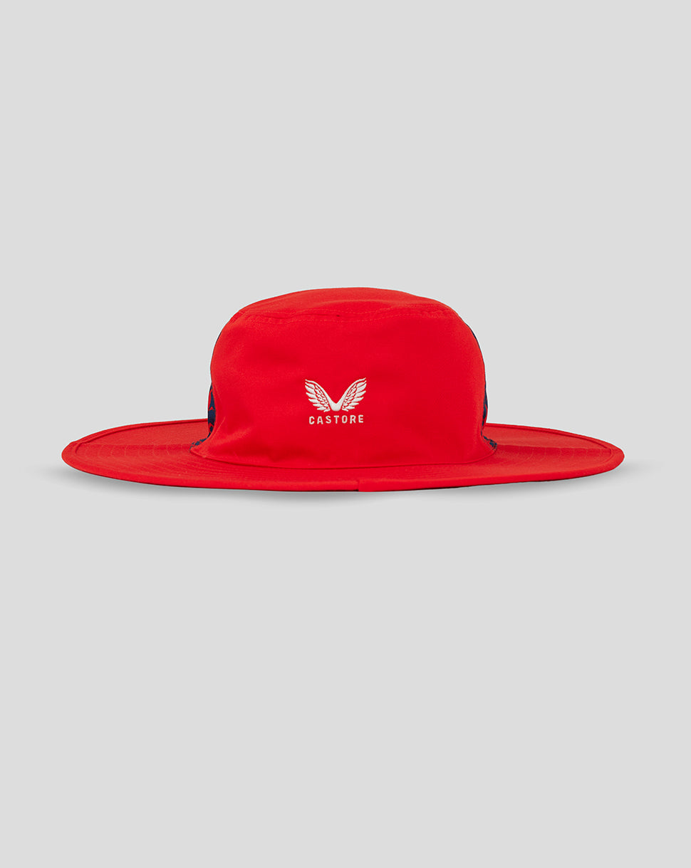 Front close up of red England cricket wide brim hat showing white three lions crest and blue patterned brim