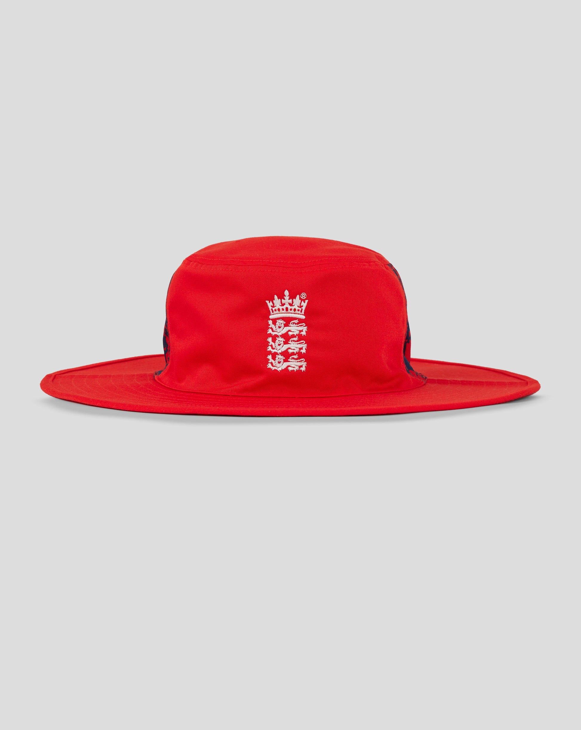 Red wide brim reversible England cricket hat with front crest and blue patterned reverse brim