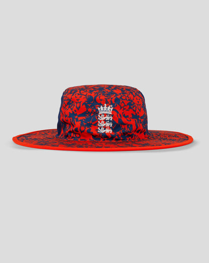 Fiery Red England cricket wide brim hat with white three lions crest on the front and blue patterned brim edge