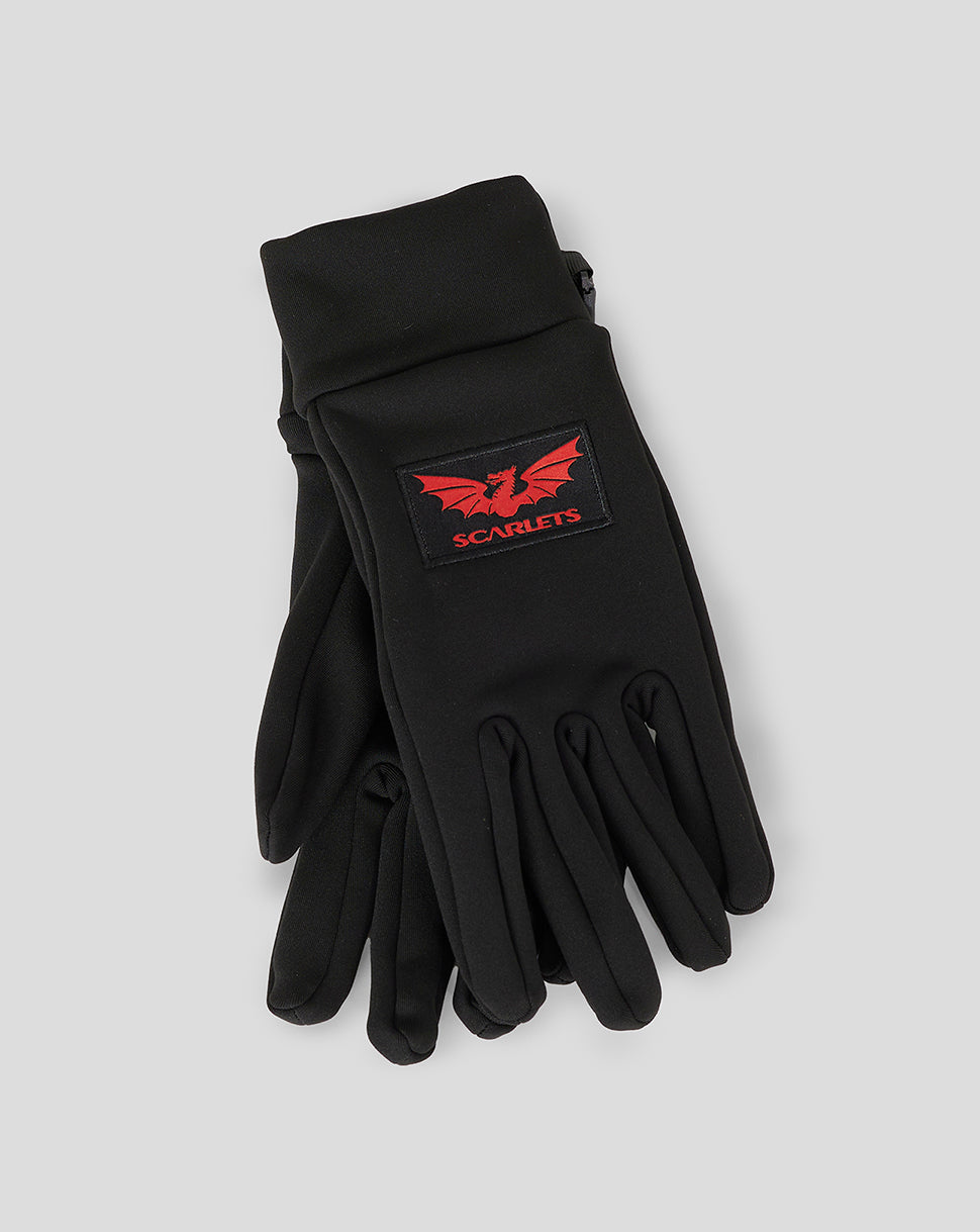 Black polar fleece gloves with red Scarlets crest patch on the back of the hand.