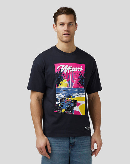Navy Miami short sleeve oversized T shirt with a vibrant pink front graphic featuring a race car
