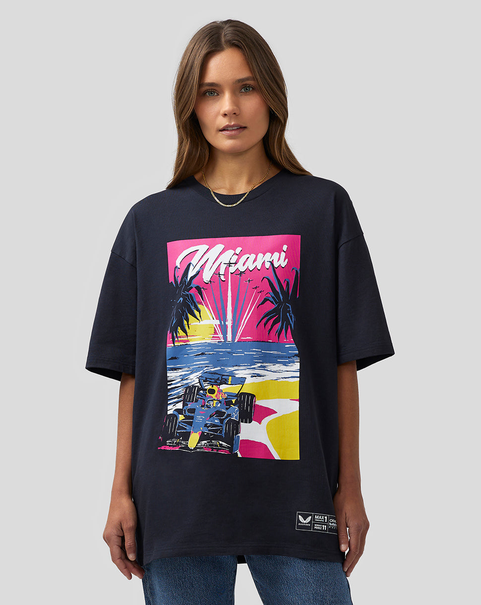 Female model wearing navy oversized Miami T shirt with bold front graphic and relaxed fit