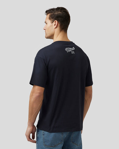 Back view of a navy Miami T shirt showing a small white Miami 24 branding near the neck