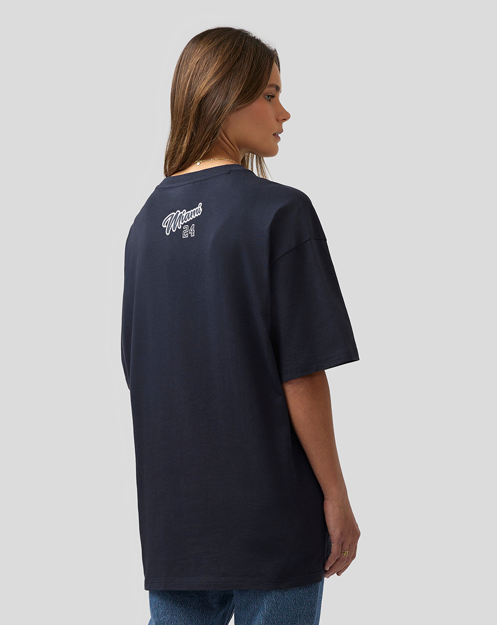 Back view of navy unisex Miami oversized T shirt with white Miami 24 graphic on the upper back.